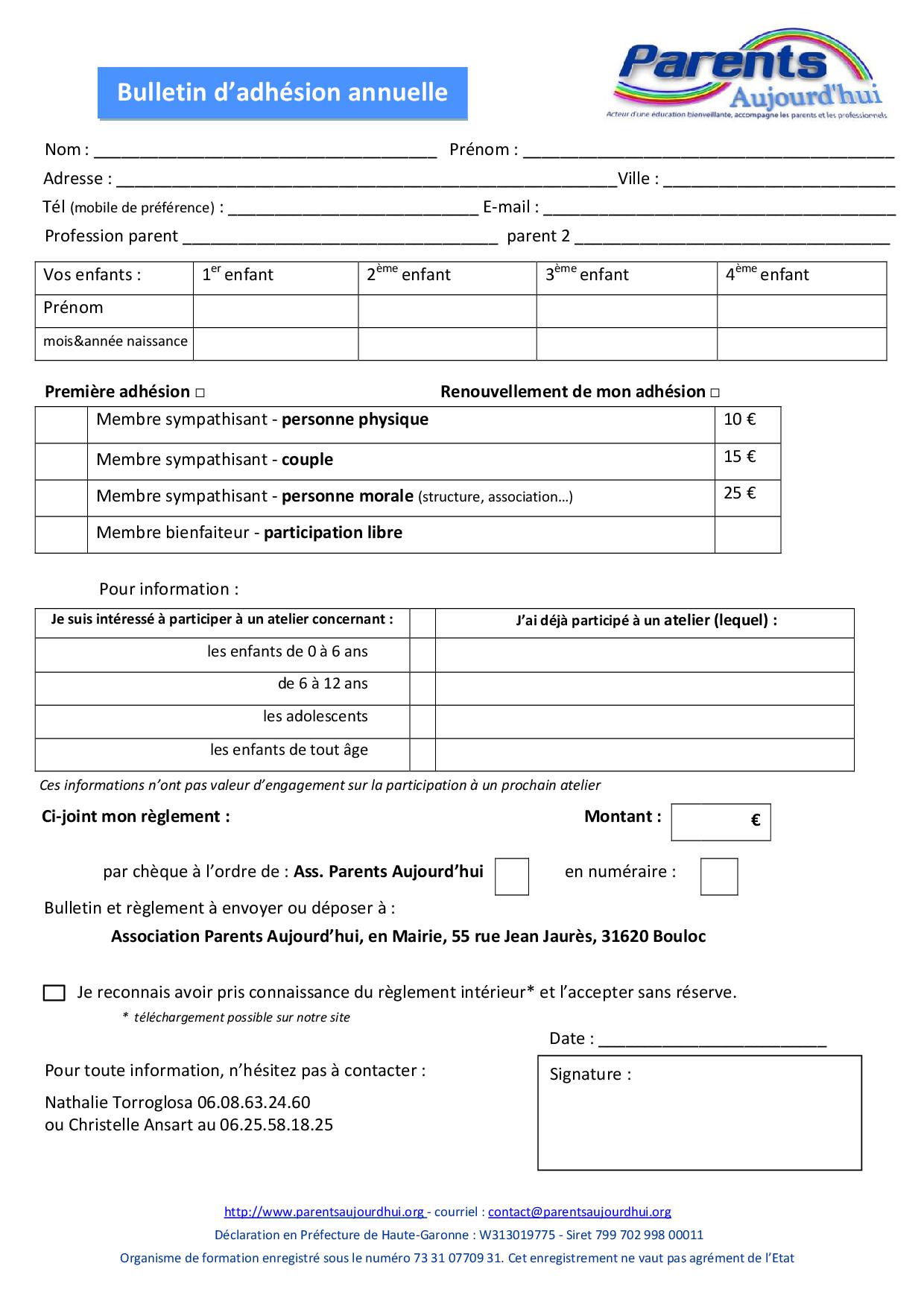 Formulaire bulletin adhesion 2018 2020